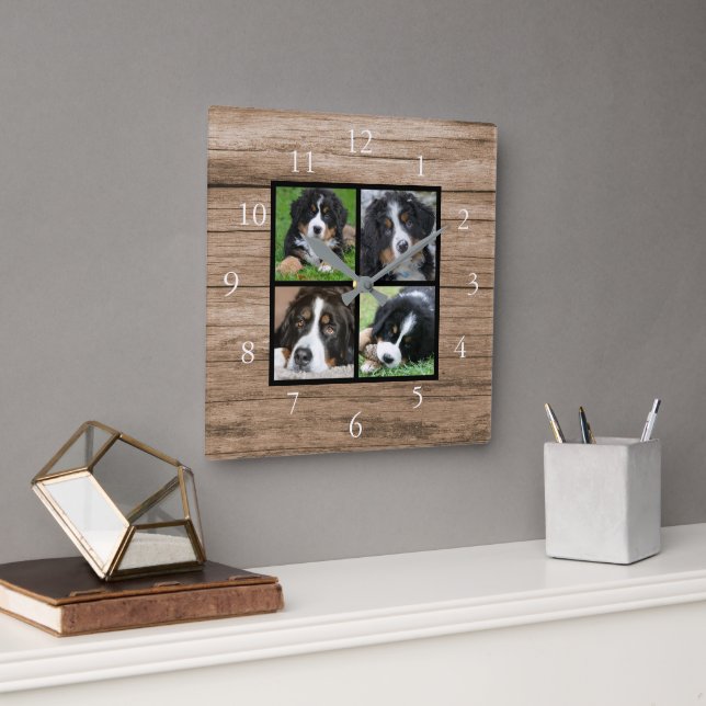 Horloge Carrée Create your own rustic wood family photo collage (Bureau)