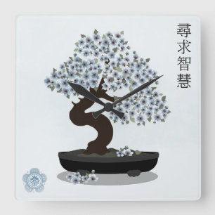 Horloge Carrée Création graphique de bonsaï fleuri asiatique