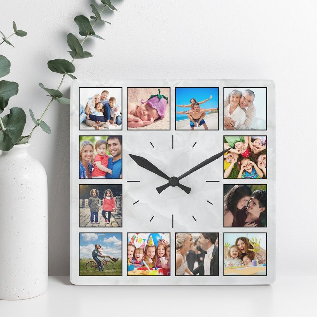 Horloge Carrée Créer Votre Collage Photo Personnalisé Marbre Élég (Créateur téléchargé)