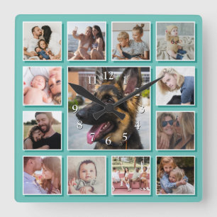 Horloge Carrée Créer votre propre collection de photos Turquoise