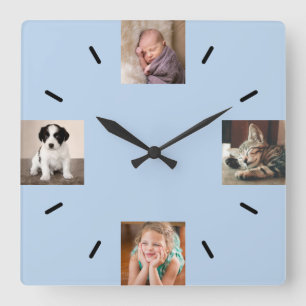 Horloge Carrée Créez votre propre 4 photo moderne bleu clair