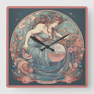 Horloge Carrée Créez votre propre Art Nouveau Aquarius Zodiac