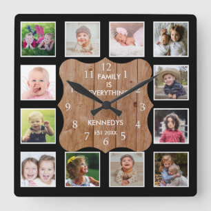 Horloge Carrée Créez votre propre colage photo noir 12 Bois