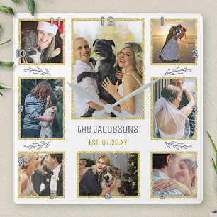 Horloge Carrée Créez votre propre collage de 8 photos de mariage 