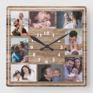 Horloge Carrée Créez votre propre collage de 8 photos en bois rus