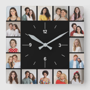 Horloge Carrée Créez Votre Propre Collage Photo 16 Noir & Blanc