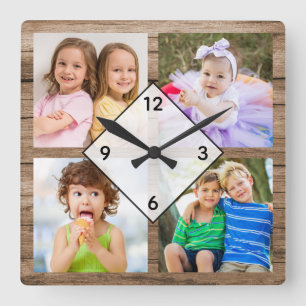 Horloge Carrée Créez Votre Propre Collage Photo 4 Rustique Bois