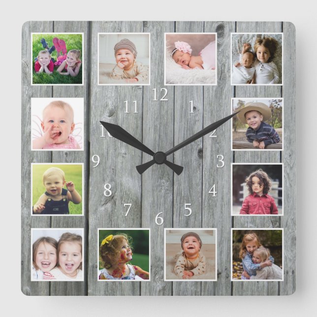 Horloge Carrée Créez votre propre collection de 12 photos Bois gr (Recto)