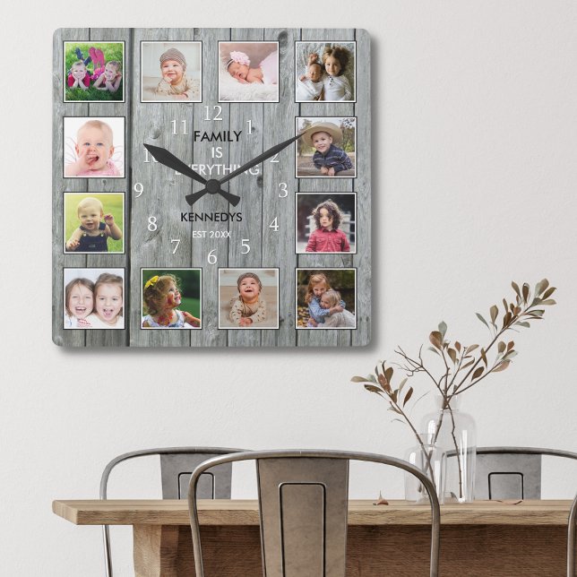 Horloge Carrée Créez votre propre collection de 12 photos Bois gr (Créateur téléchargé)