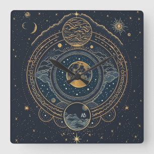 Horloge Carrée Créez votre propre lunaire céleste bleu et or