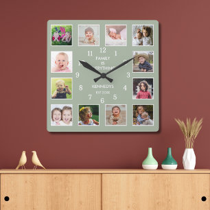 Horloge Carrée Créez votre propre page Green 12 Photo Collage Cit