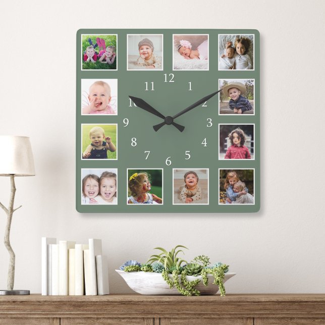 Horloge Carrée Créez votre propre photo de famille 12 Collage ver (Créateur téléchargé)