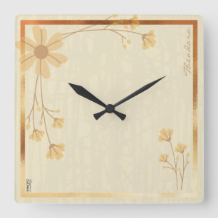 Horloge Carrée Crème d'or moderne Abstrait motif floral