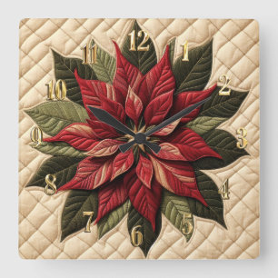 Horloge Carrée Crème Poinsettia Motif dorée