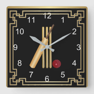 Horloge Carrée cricket, wicket, bat and ball with gold frame