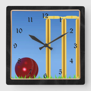 Horloge Carrée Cricket, wicket et ballon