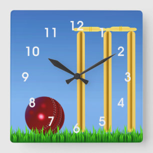 Horloge Carrée Cricket, wicket et ballon