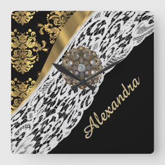 Horloge Carrée cristal de dentelle blanche noir et or