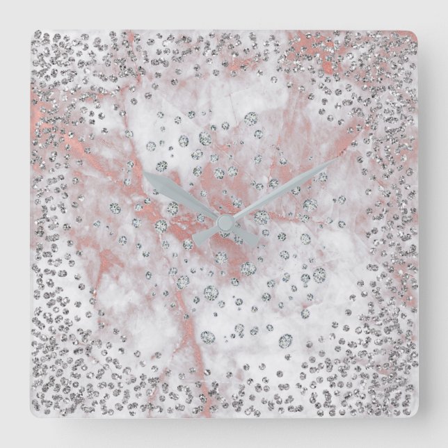 Horloge Carrée Cristaux diamant gris argenté en marbre PInk (Recto)