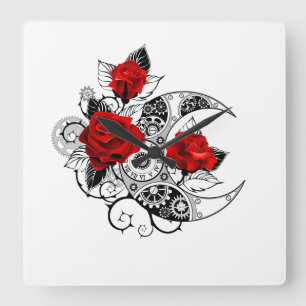 Horloge Carrée Croissant mécanique avec roses rouges