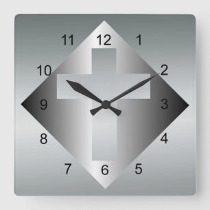 Horloge Carrée Croix chrétienne dans la couleur argentée