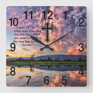 Horloge Carrée Croix de foi chrétienne avec Psaume 25:12