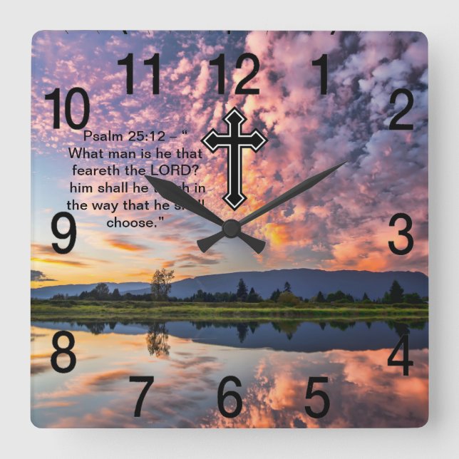 Horloge Carrée Croix de foi chrétienne avec Psaume 25:12 (Recto)