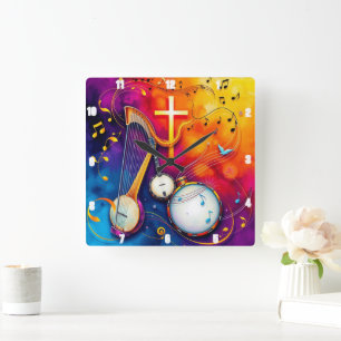 Horloge Carrée Croix de musique coloré Abstrait Harpe Banjo Drum
