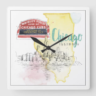 Horloge Carrée Croquis d'aquarelle de Chicago, l'Illinois  