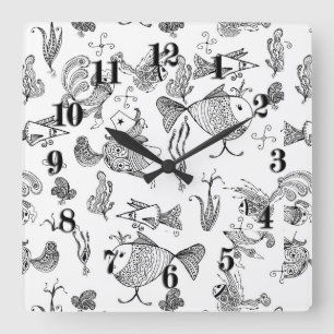 Horloge Carrée Croquis fée imaginaire poissons crachers mer plant