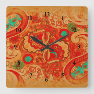 Horloge Carrée Cru brûlé génial Paisley de turquoise de rouge