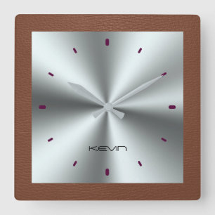 Horloge Carrée Cuir Brown et acier inoxydable métallique Faux
