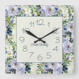 Horloge Carrée Cuisine de nom floral aquarelle bleu poussiéreux
