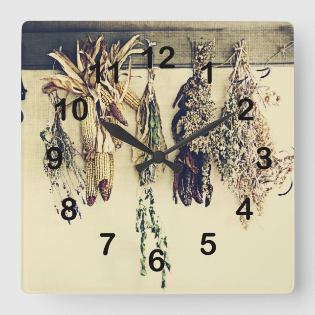 Horloge Carrée cuisine rustique de pays - herbes sèches (Recto)
