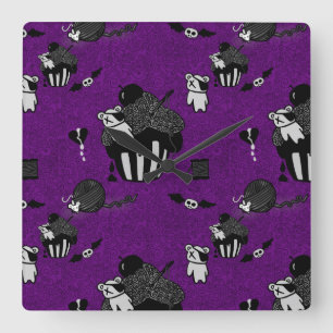 Horloge Carrée Cupcakes crâne motif doodle gothique violet