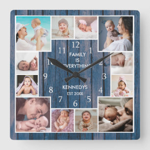 Horloge Carrée Custom 12 Family Photo Collage Nautique Bleu Bois