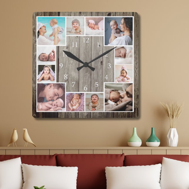 Horloge Carrée Custom 12 Family Photo Collage Rustic Wood   (Créateur téléchargé)