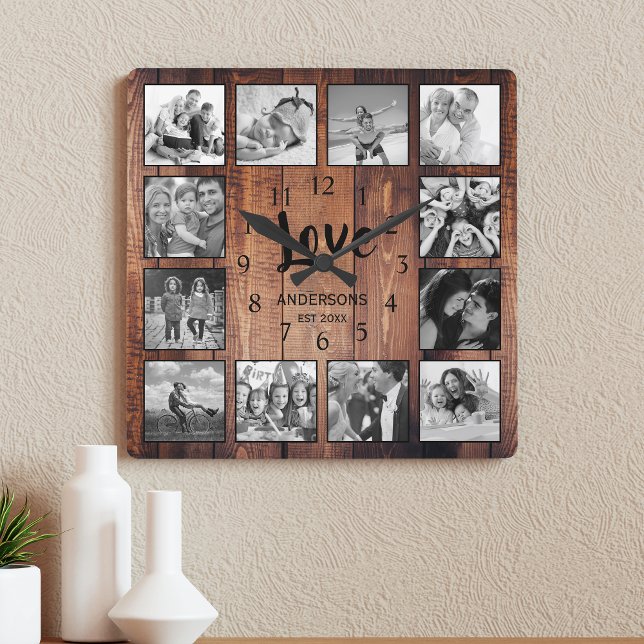 Horloge Carrée Custom 12 Photo Collage Family Love Reclaimed Wood (Créateur téléchargé)
