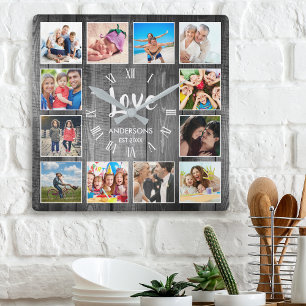 Horloge Carrée Custom 12 Photo Collage Family Love Reclaimed Wood