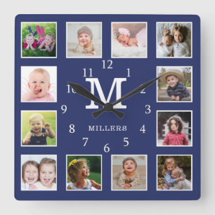Horloge Carrée Custom 12 Photo Collage Family Name Monogram Blue