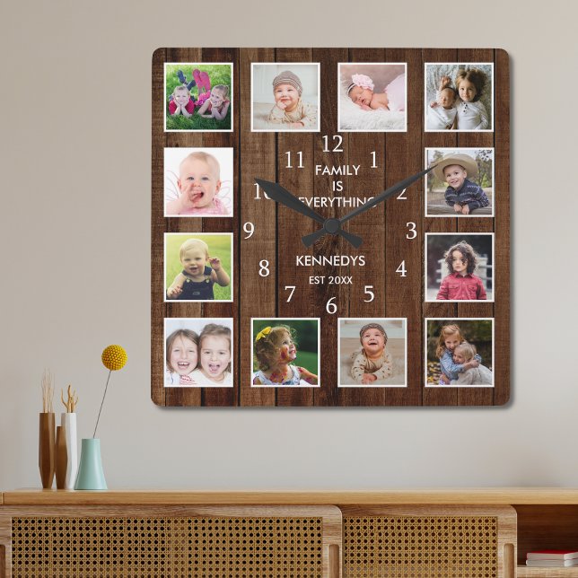 Horloge Carrée Custom 12 Photo Collage Family Quota Pallet Wood (Créateur téléchargé)