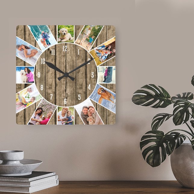 Horloge Carrée Custom 12 Photo Collage Rustique Bois naturel (Rustic sunburst of friends and family pictures around the clock)