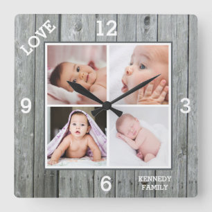 Horloge Carrée Custom 4 Photo Collage Gray Wood Family Love