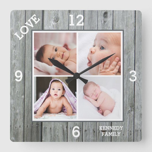 Horloge Carrée Custom 4 Photo Collage Gray Wood Family Love (Recto)