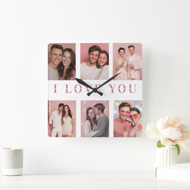 Horloge Carrée Custom Collage Photos Wall Clock | Valentine Gift (Maison)
