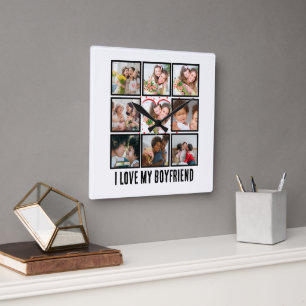 Horloge Carrée Custom Cute I love my boyfriend 9 Collage photo