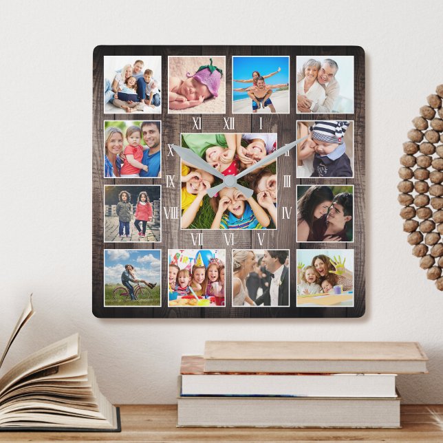 Horloge Carrée Custom Family Baby Photo Rustic Farmhouse Keepsake (Créateur téléchargé)
