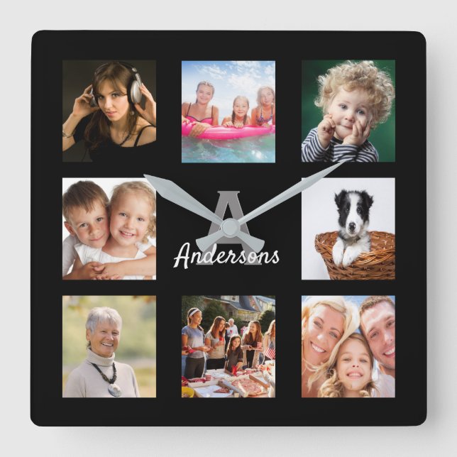Horloge Carrée Custom Phocollage familial mongram name black (Recto)