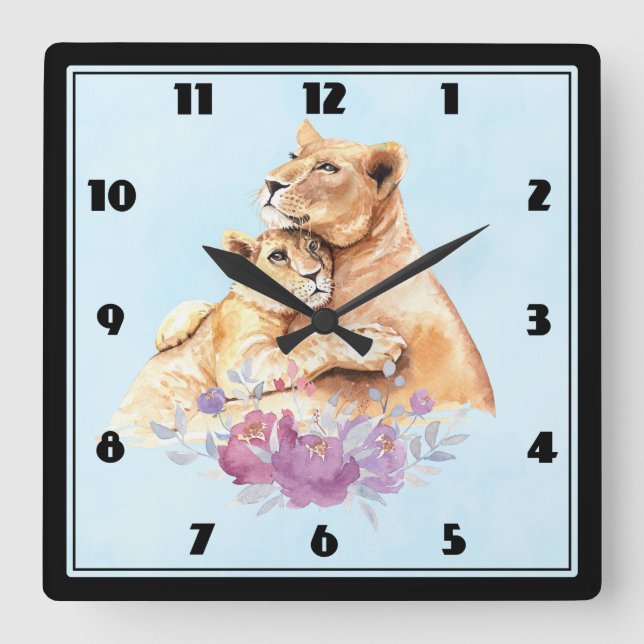 Horloge Carrée Cute aquarelle Mère Lion & Cube (Recto)