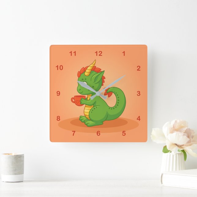 Horloge Carrée Cute Baby Dragon Holding Cup on Orange (Maison)